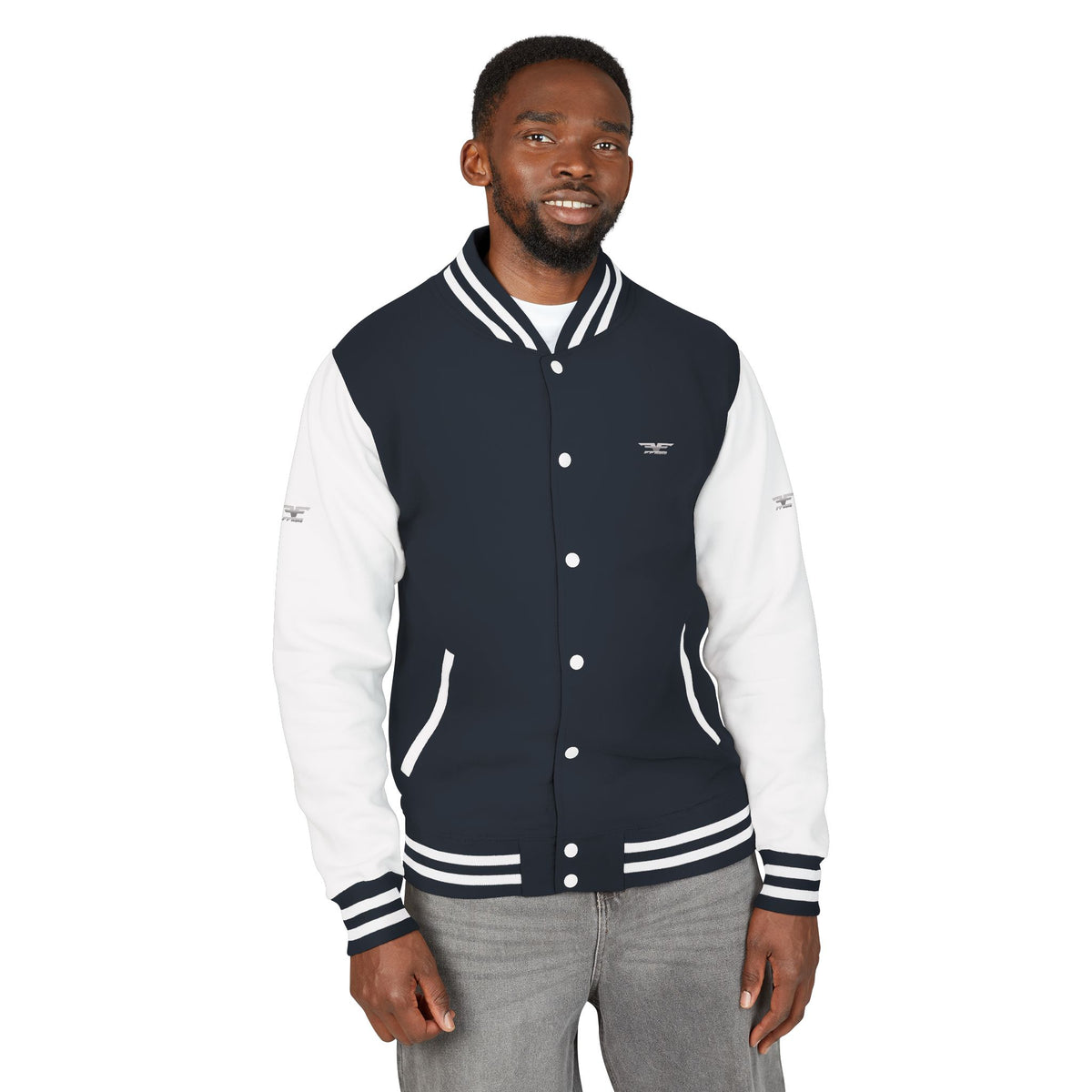 Black and White Varsity Jacket with Winged Logo