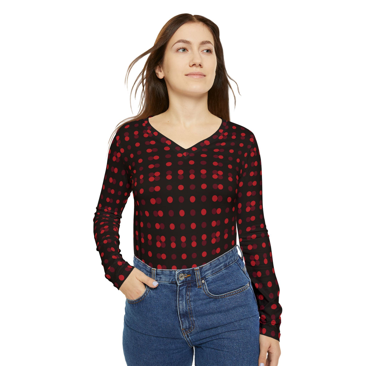 Women's V-Neck Long Sleeve Shirt — Red & Black Polka Dot Pattern