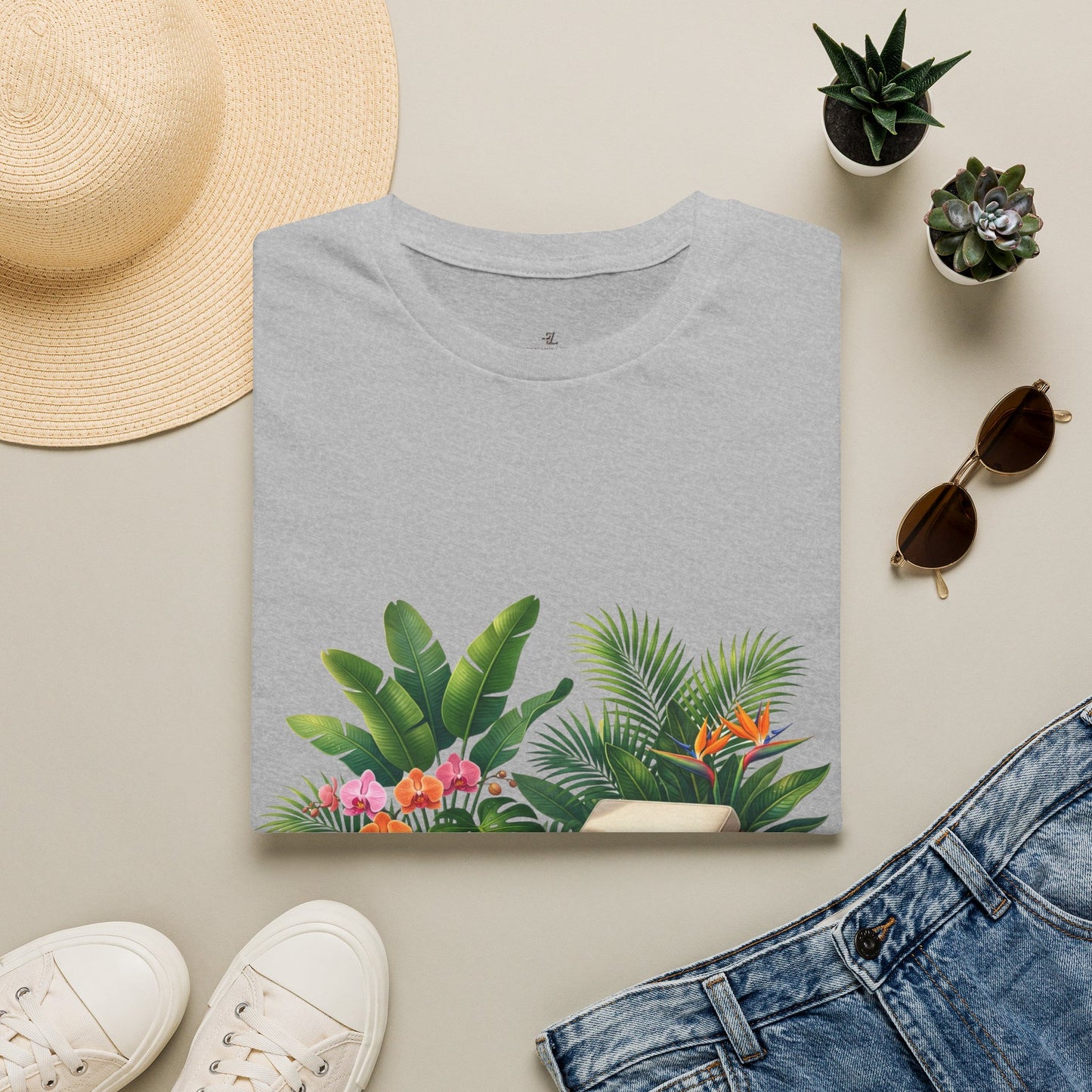 Tropical Lounge T-Shirt — Cozy Chair & Palm Floral Graphic Tee