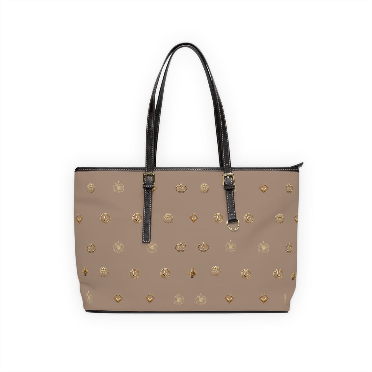 Taupe Monogram PU Leather Shoulder Bag — Gold Emblem Print Luxe Tote
