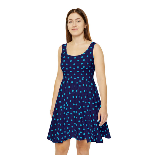 Navy & Teal Polka Dot Skater Dress — Women's AOP Flared Sundress