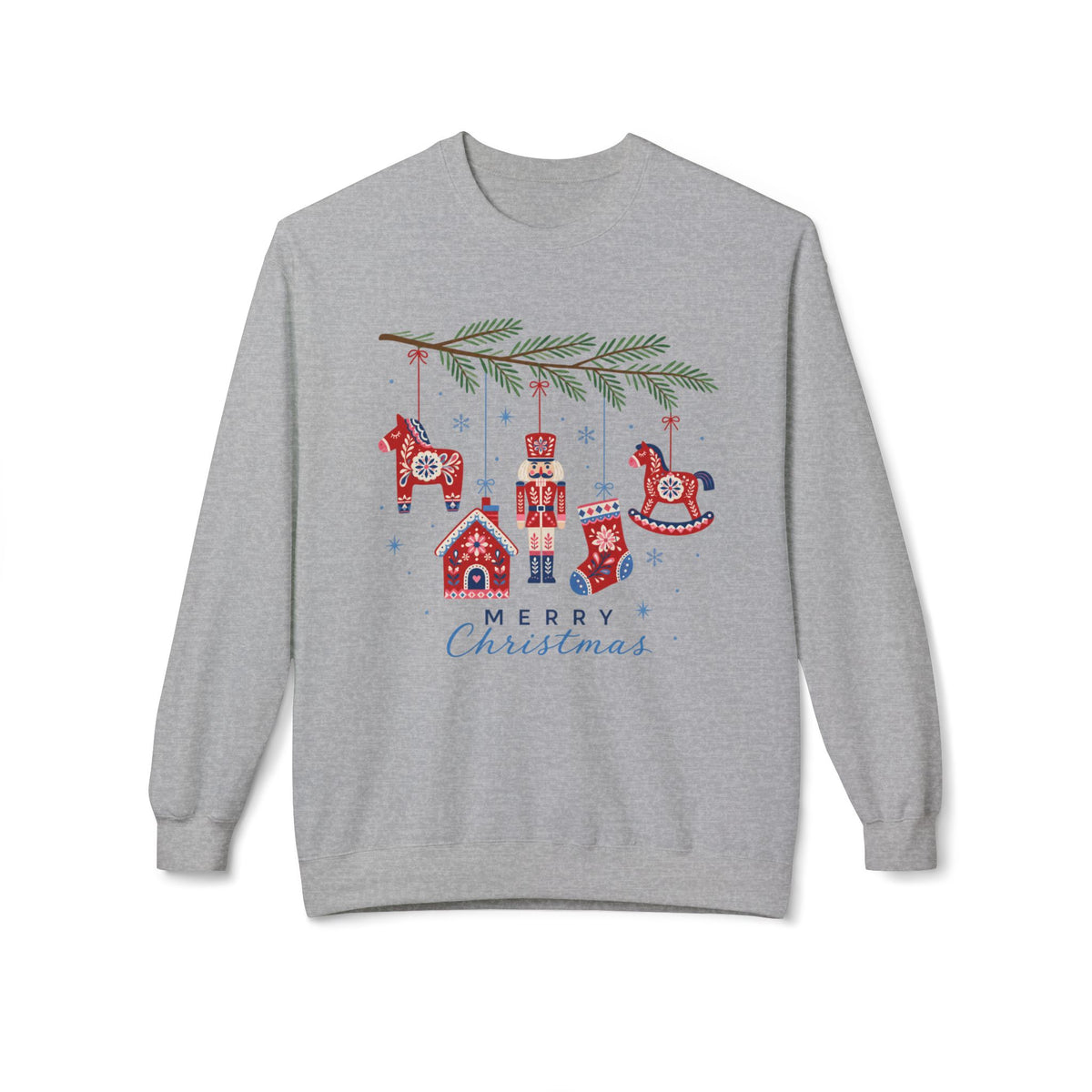 Merry Christmas Scandinavian Folk Art Crewneck Sweatshirt — White, Red & More