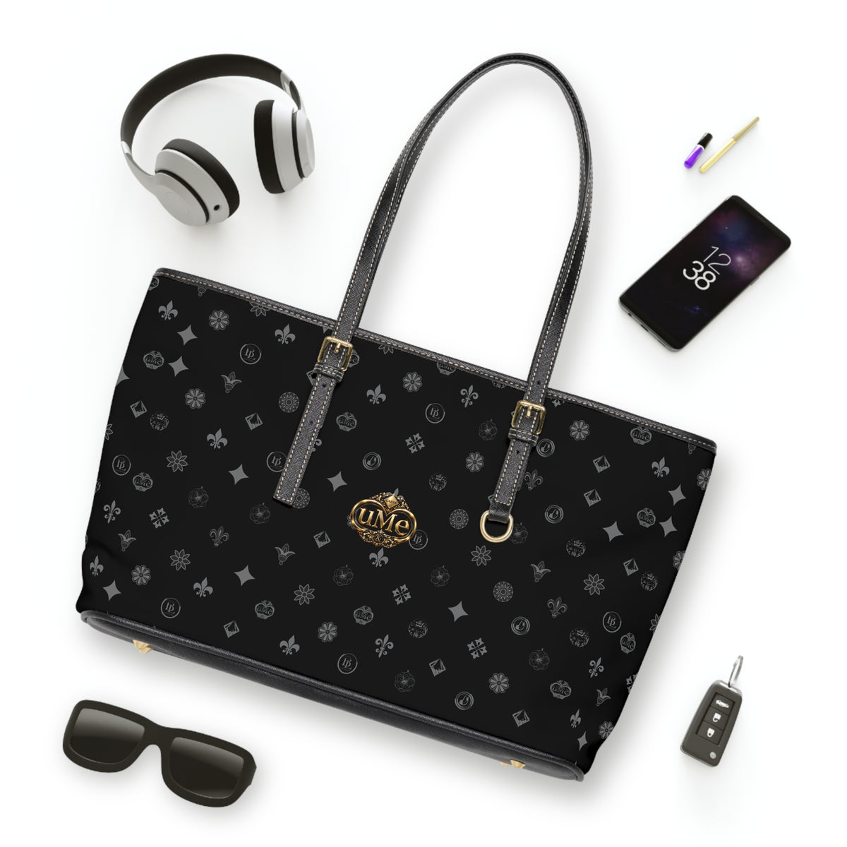 Black PU Leather Shoulder Bag with Monogram Crest Pattern