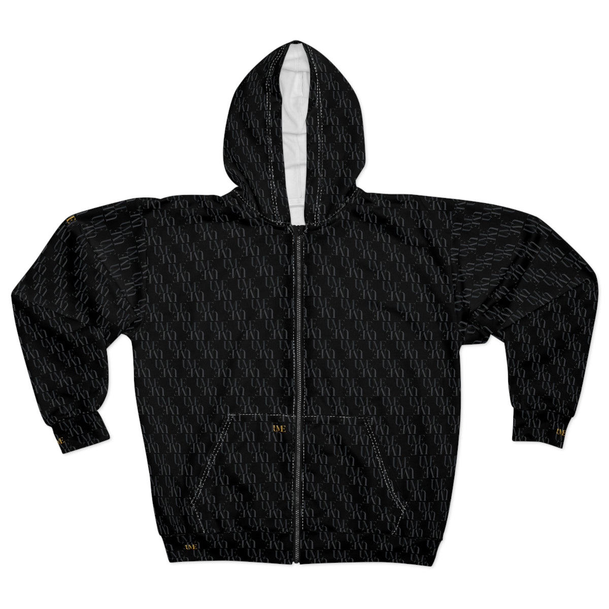 Black Textured Zip Hoodie — Black Monogram All-Over Print