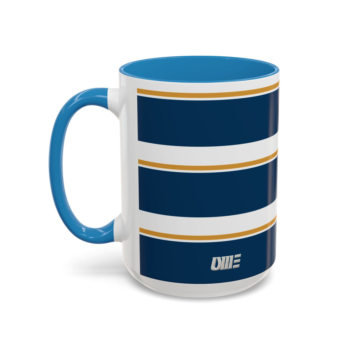 Navy and Gold Striped Accent Mug — White Ceramic