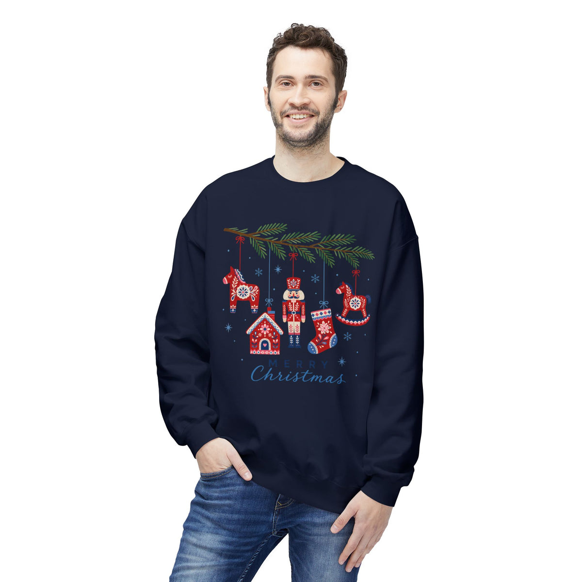Merry Christmas Scandinavian Folk Art Crewneck Sweatshirt — White, Red & More