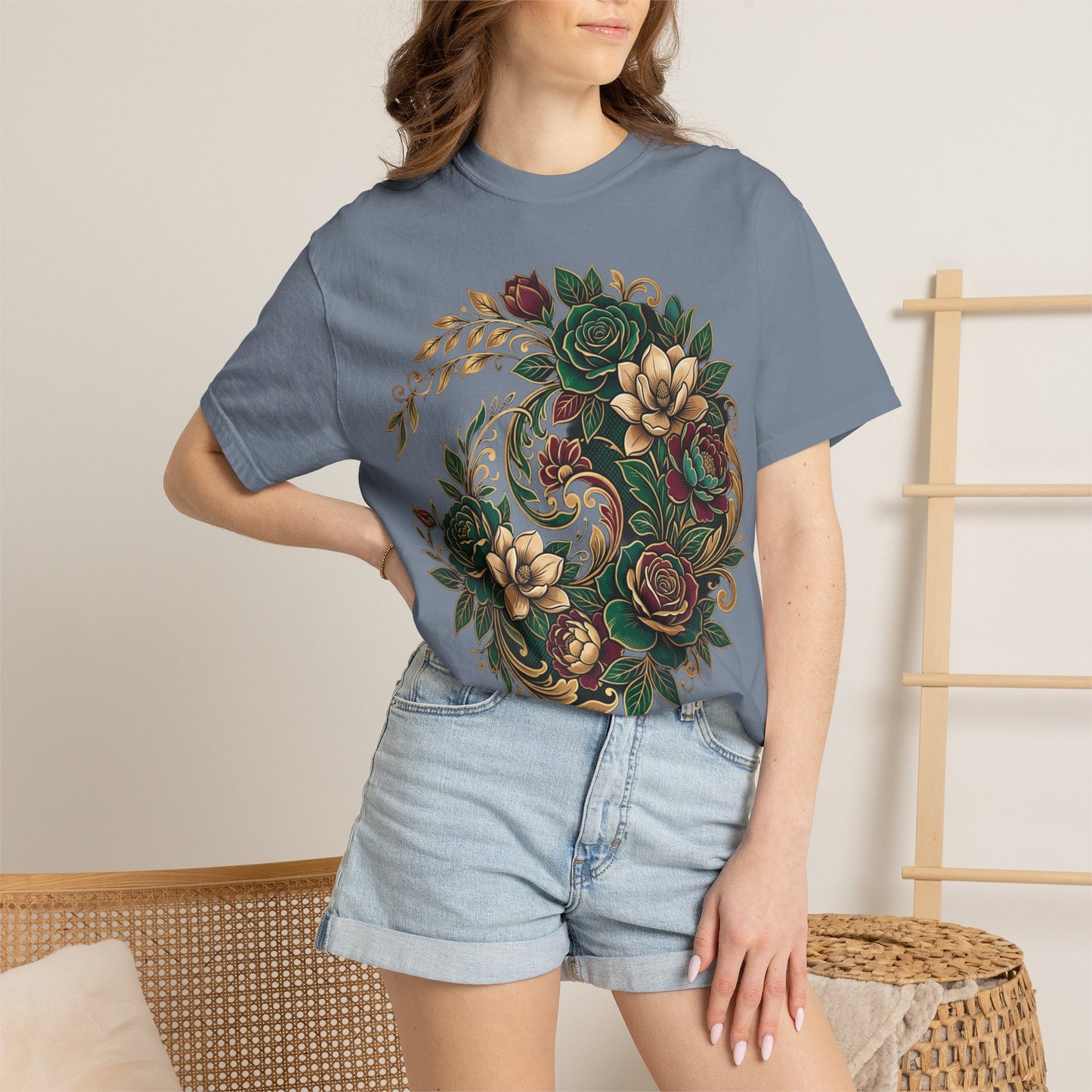 Floral Yin Yang T-Shirt — Vintage Green & Gold Rose Graphic Tee