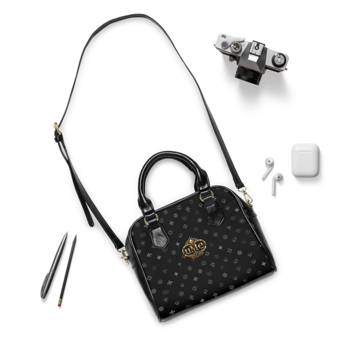 Elegant Black UME Monogram Shoulder Handbag — Gold Crest Accent