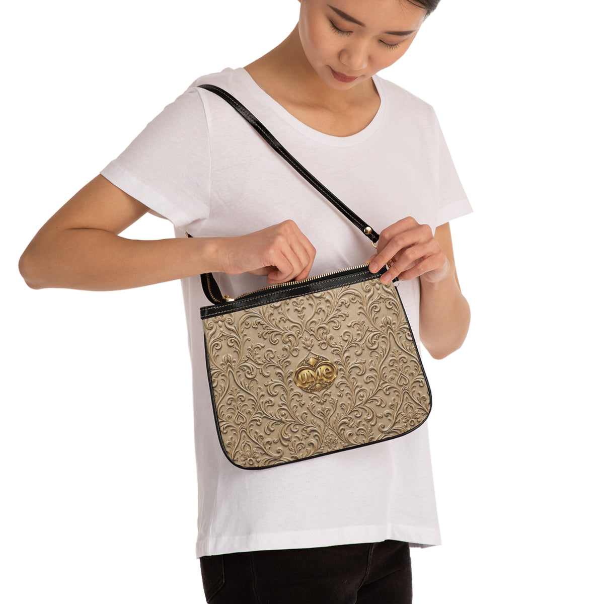 Beige UME Gold Scroll Small Shoulder Bag — Faux Leather