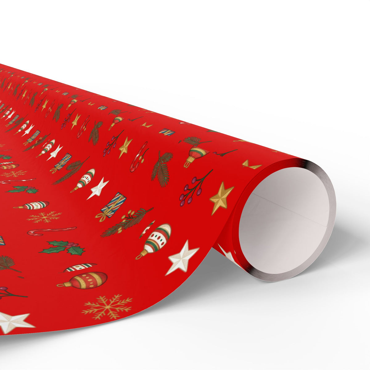 Christmas Wrapping Paper Roll — Red Holiday Ornaments Pattern