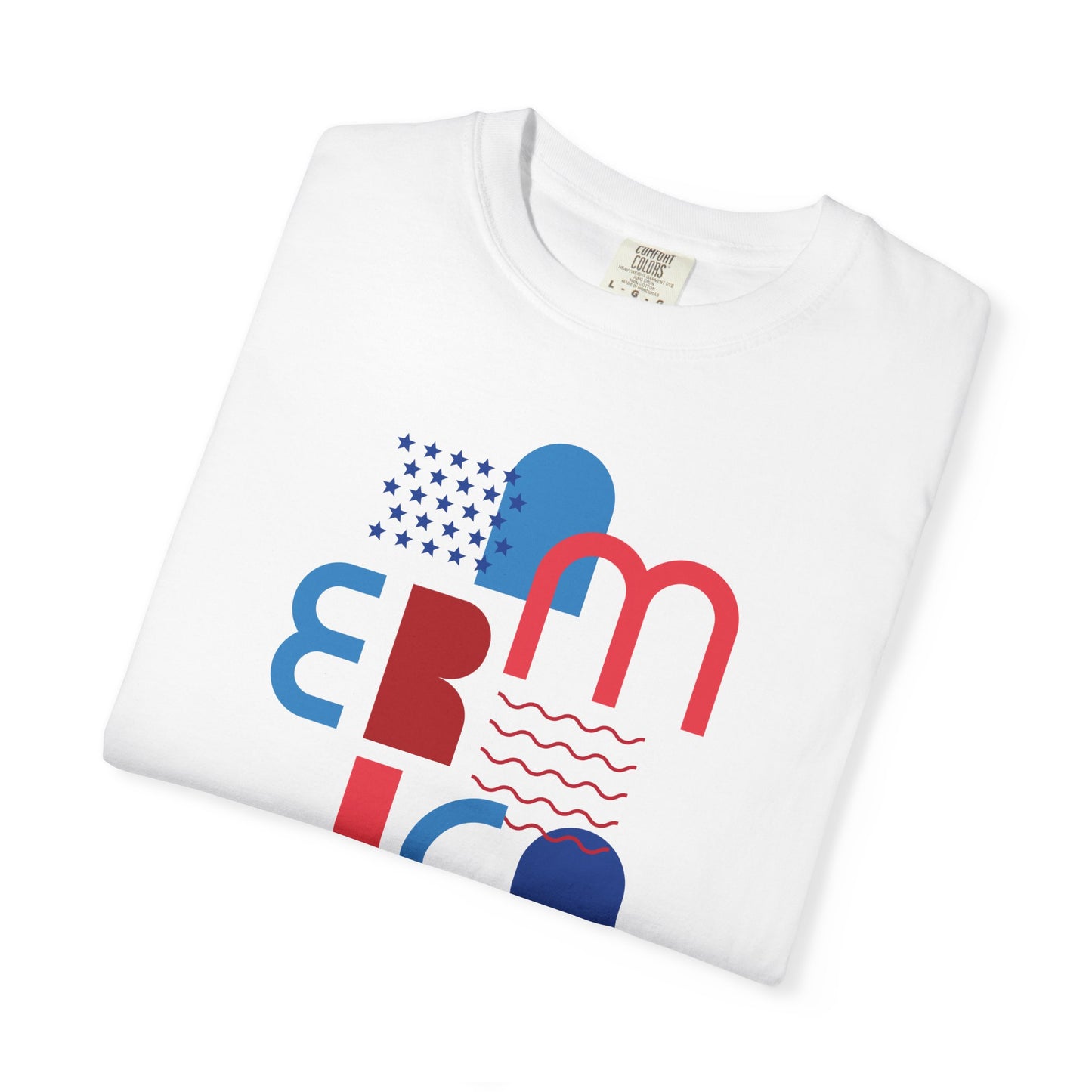 T-Shirt — Abstract 'America' Graphic Tee (Red & Blue Geometric Design)