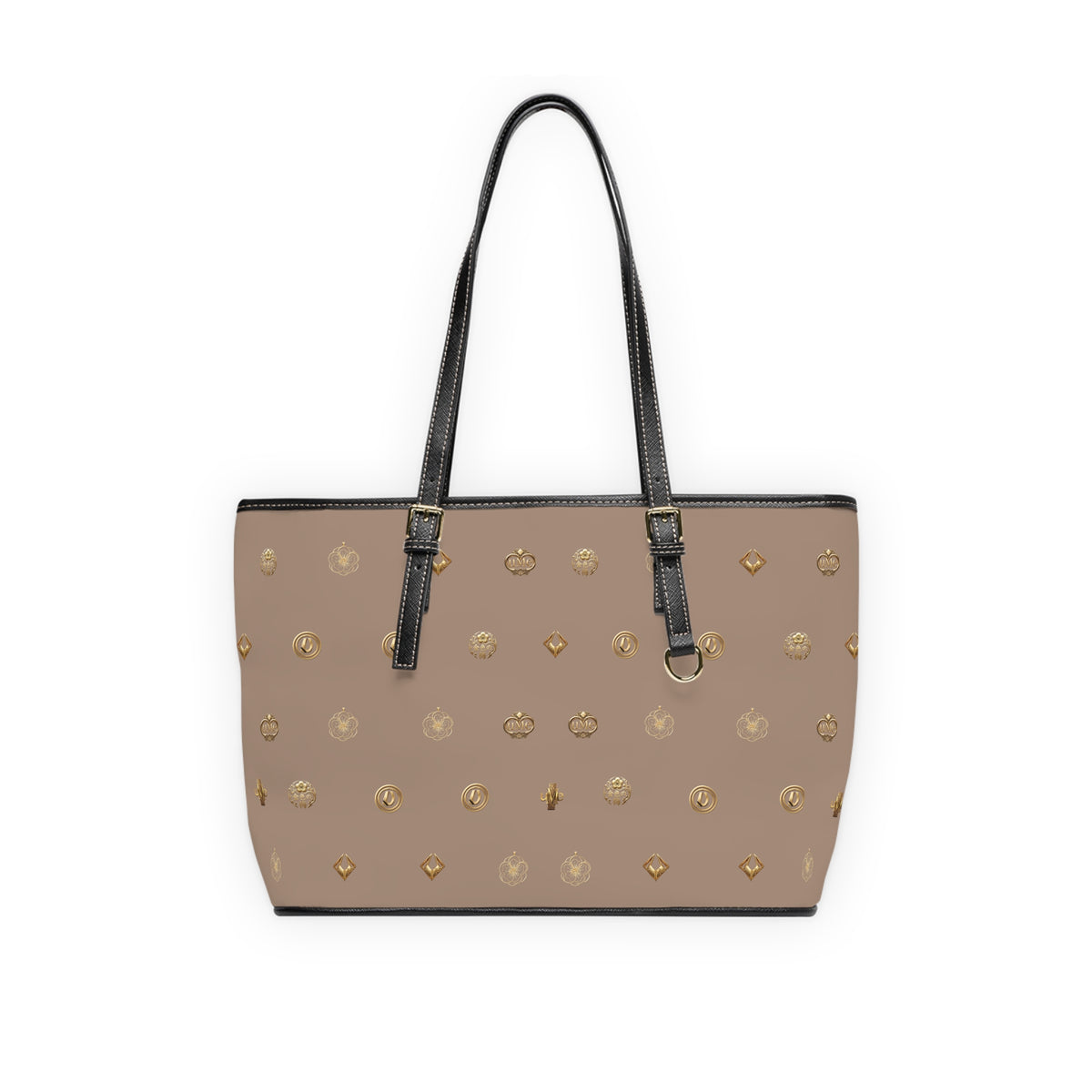 Taupe Monogram PU Leather Shoulder Bag — Gold Emblem Print Luxe Tote