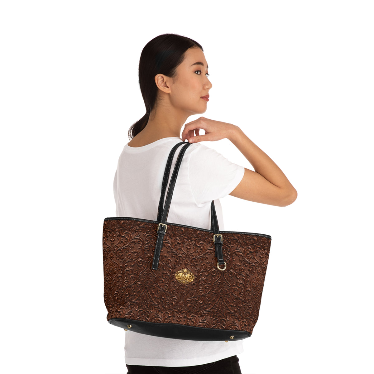 Chestnut Brown UME Shoulder Tote — PU Faux Leather Gold Crest Scroll Print