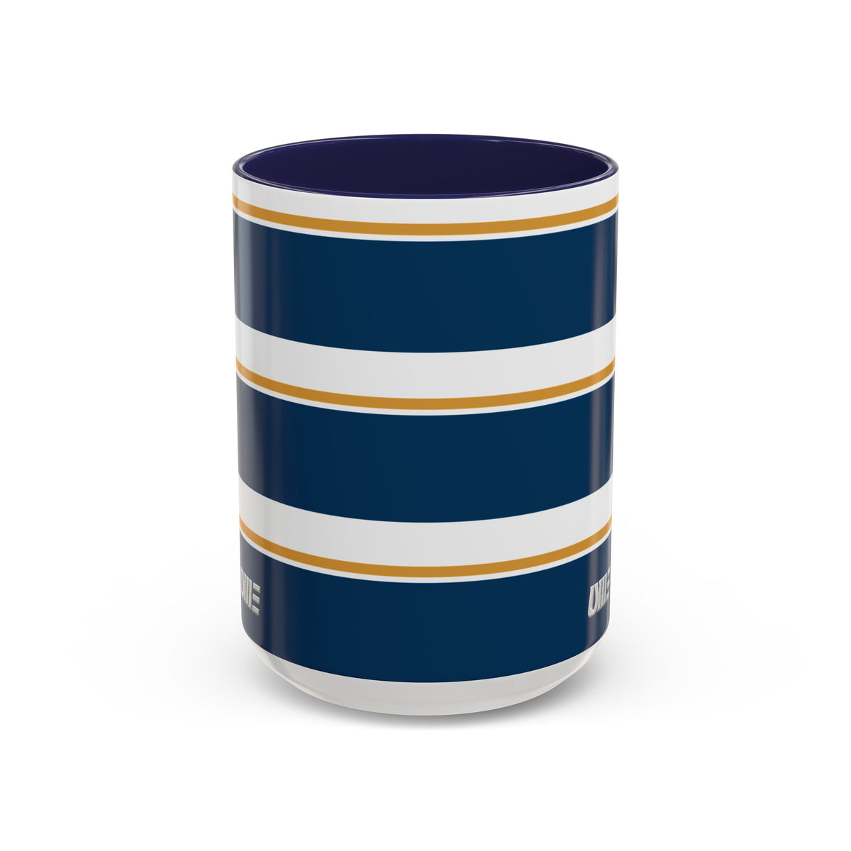 Navy and Gold Striped Accent Mug — White Ceramic