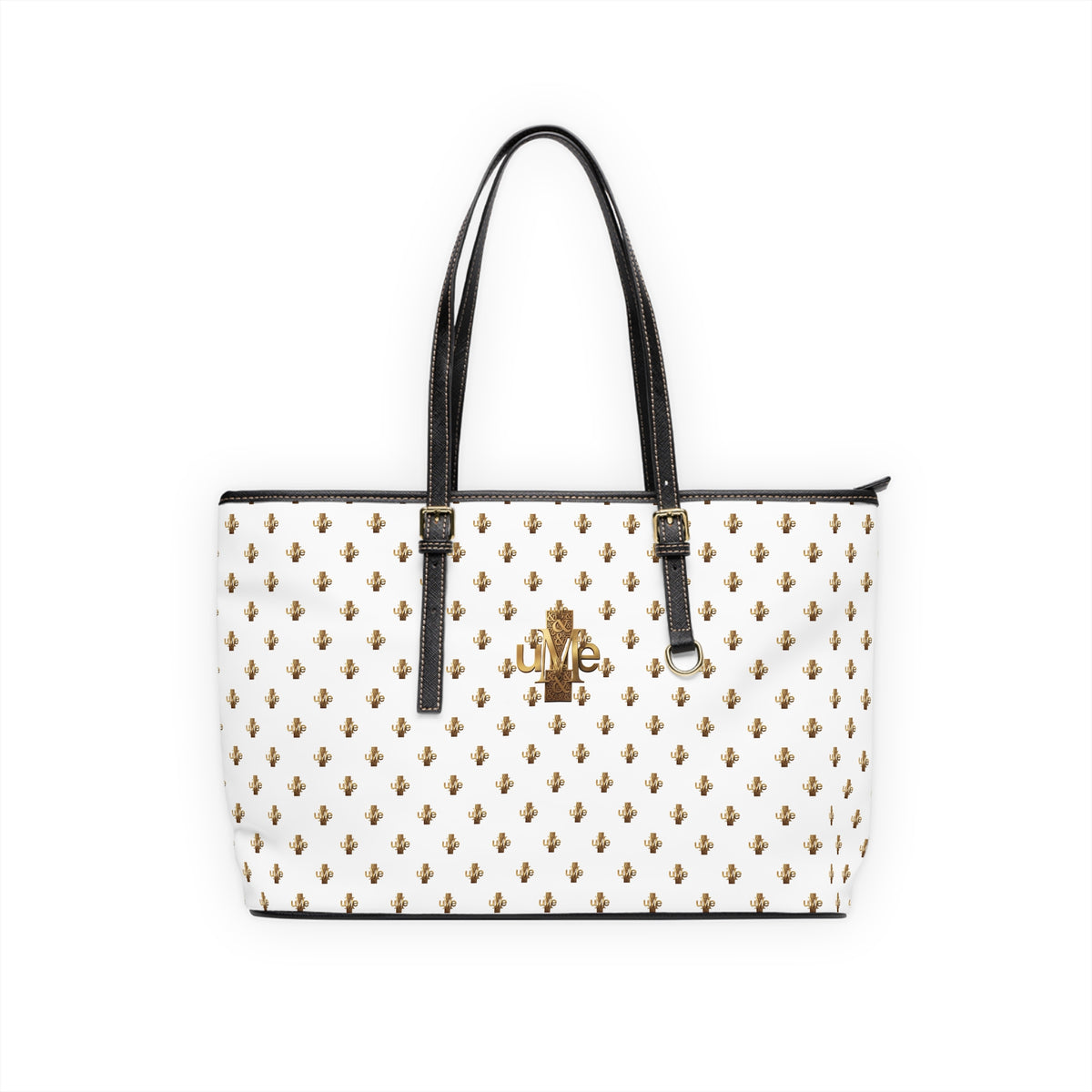 White PU Leather Shoulder Tote — Gold uMe Cross Logo Handbag