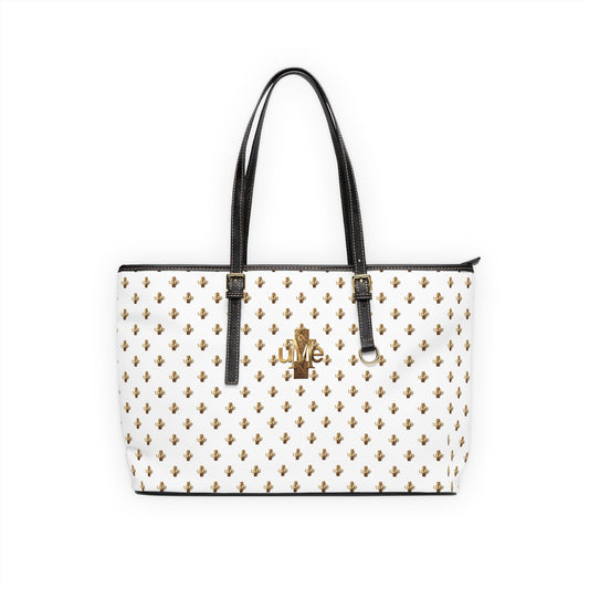 White PU Leather Shoulder Tote — Gold uMe Cross Logo Handbag