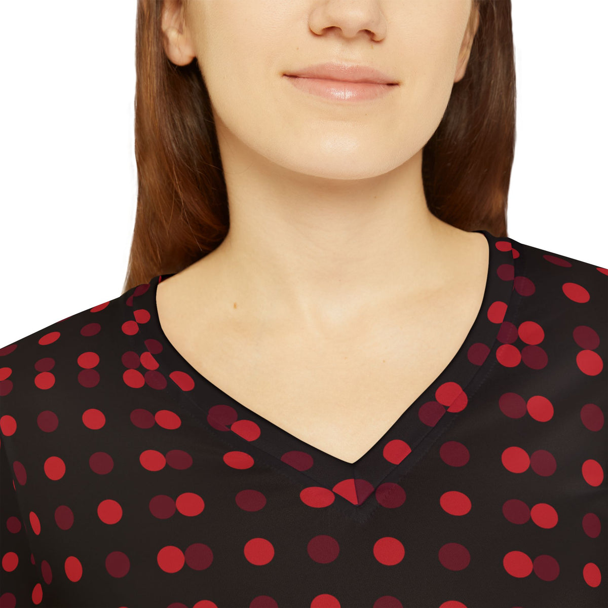 Women's V-Neck Long Sleeve Shirt — Red & Black Polka Dot Pattern