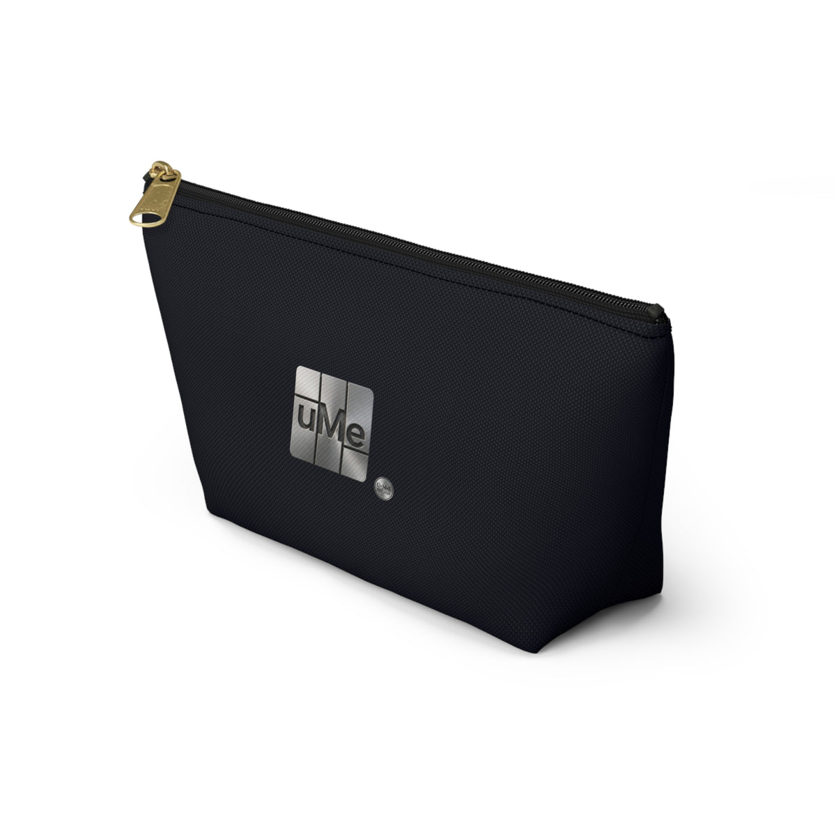 Accessory Pouch — Sleek Black T‑Bottom Cosmetic & Tech Organizer with Metallic 'uMe' Logo