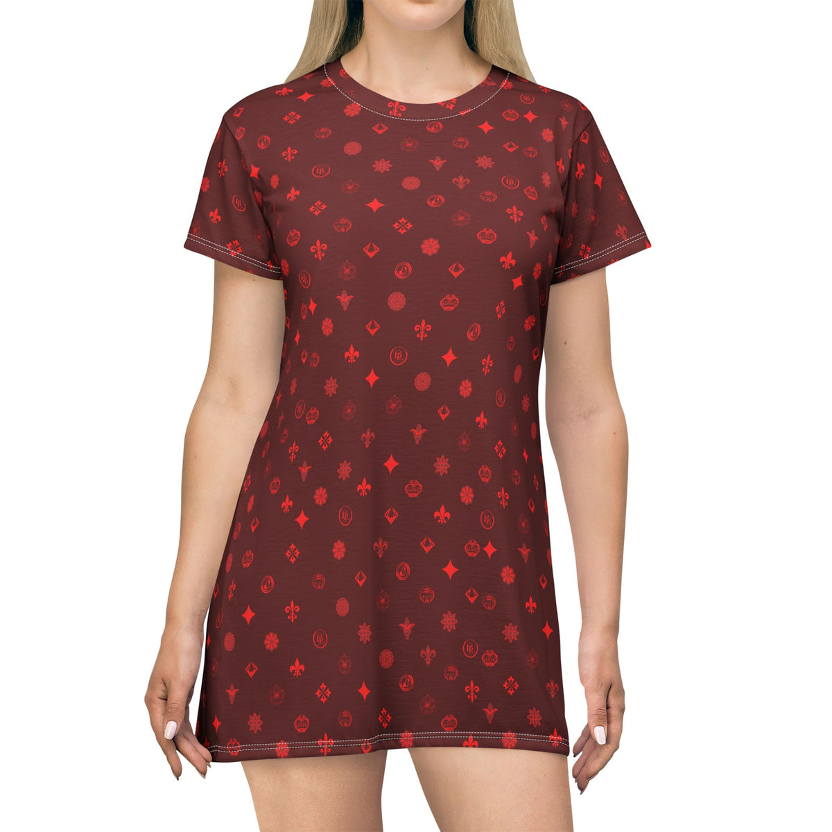 T-Shirt Dress — Burgundy Red Ornamental Motif All-Over Print