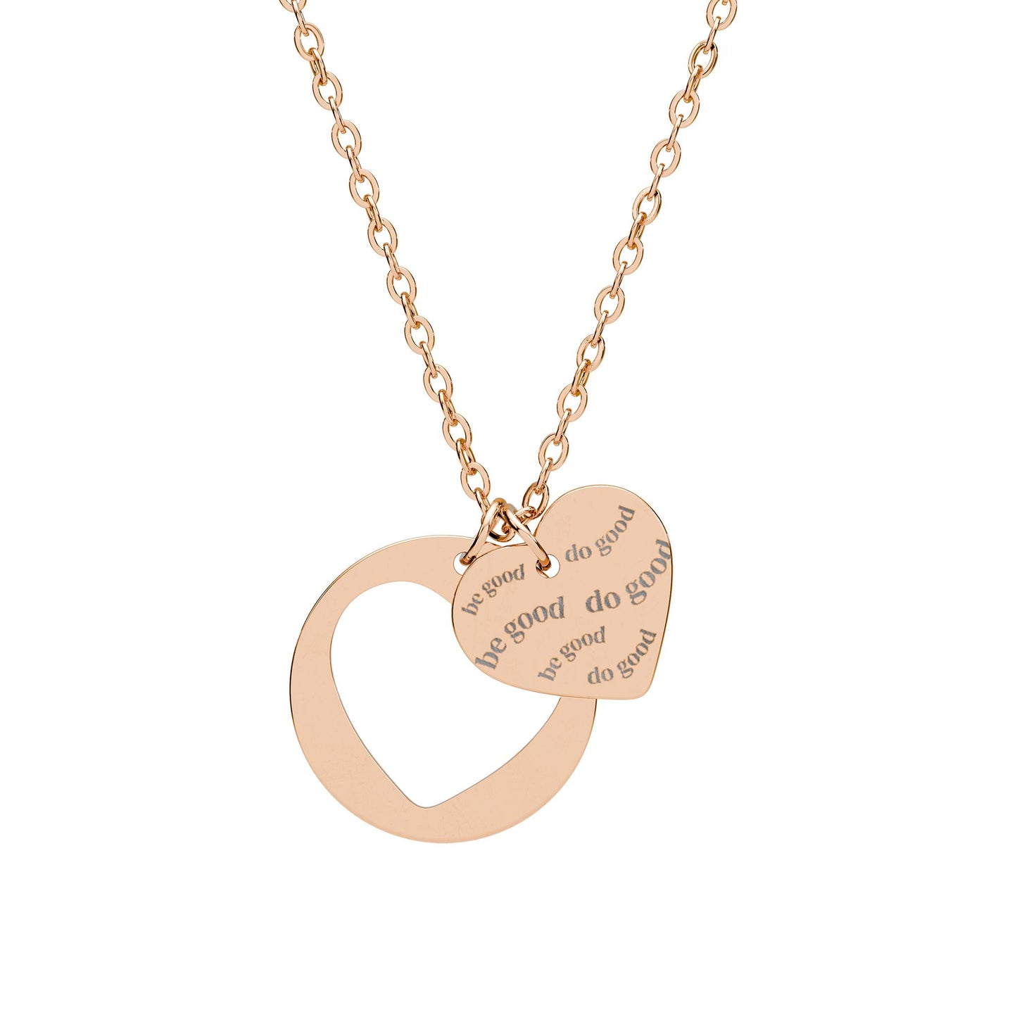 "Be Good Do Good" Double Heart Necklace — 18K Gold, Rose Gold & Steel