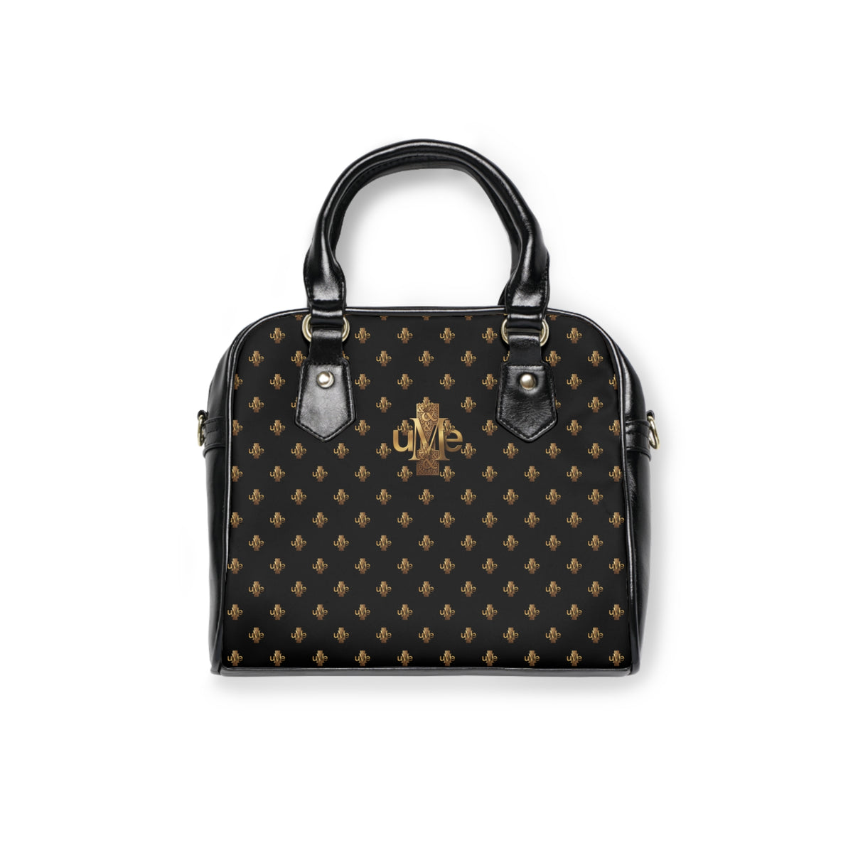 Black Shoulder Handbag — Faux Leather Tote with Gold uMe Cross Logo