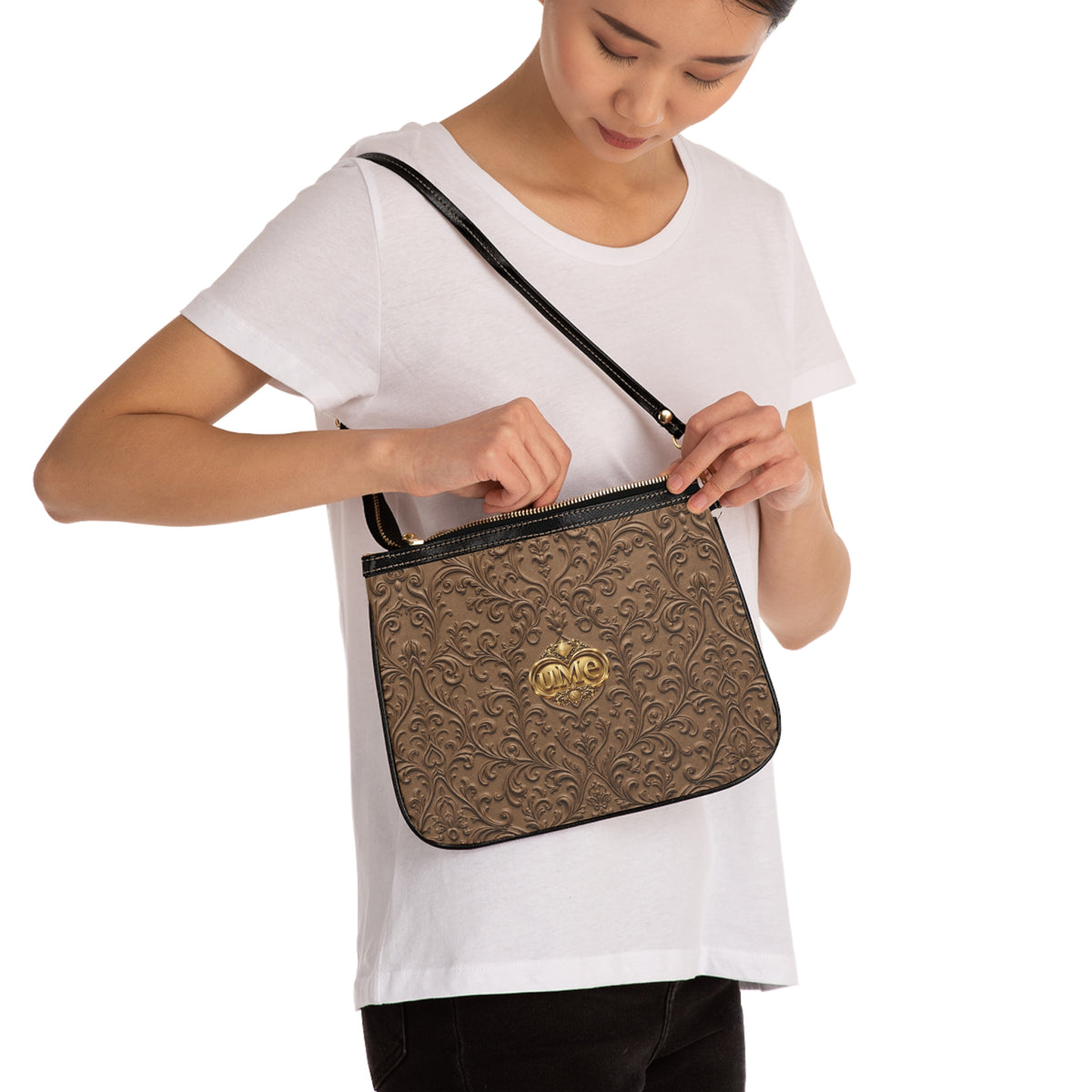 Brown UME Gold Crest Small Shoulder Bag — Faux Leather
