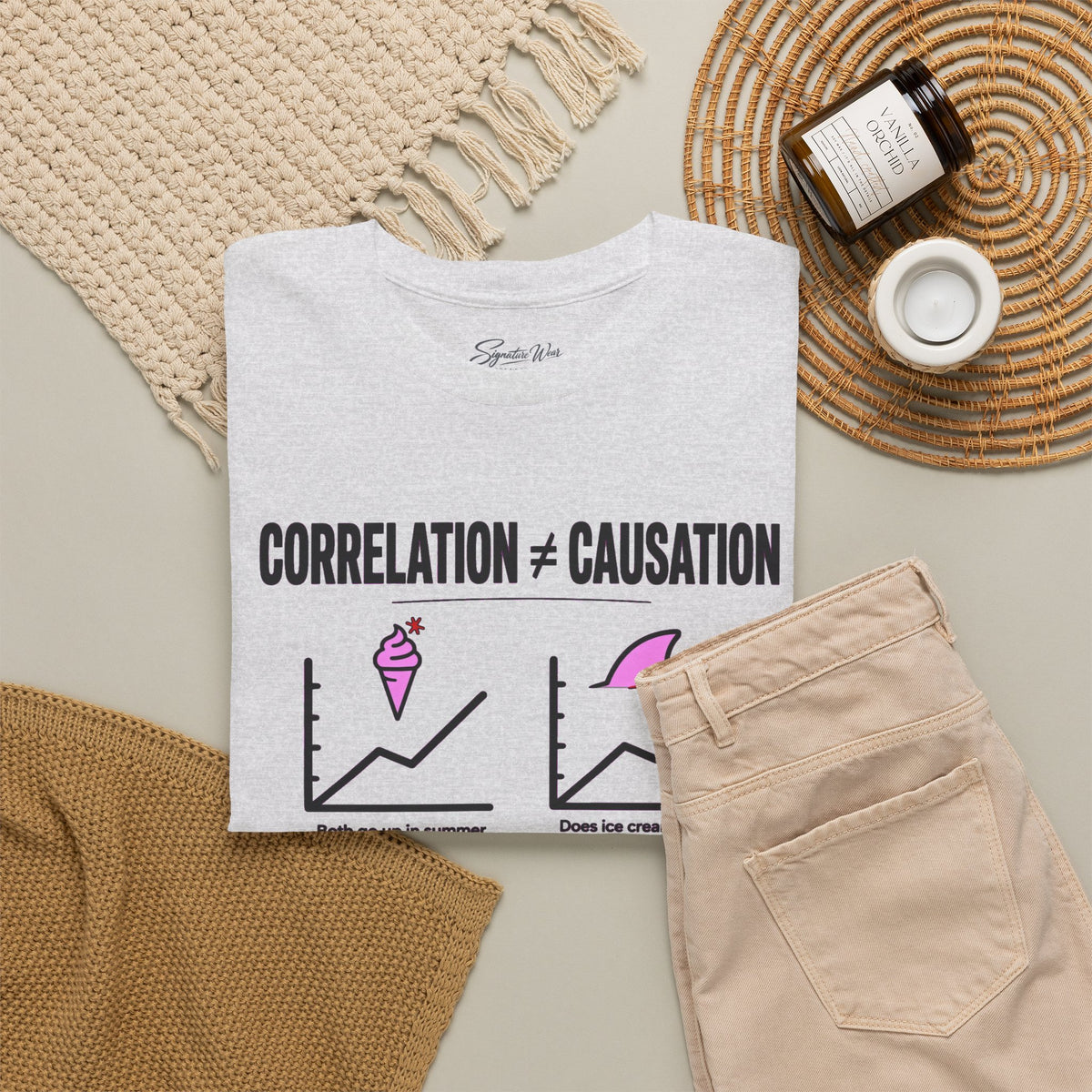 Correlation ≠ Causation Graphic Tee — White, Blue, Pink, Yellow & Neutral Bases