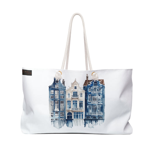 Amsterdam Canal Houses Weekender Bag — Blue Watercolor Travel Tote