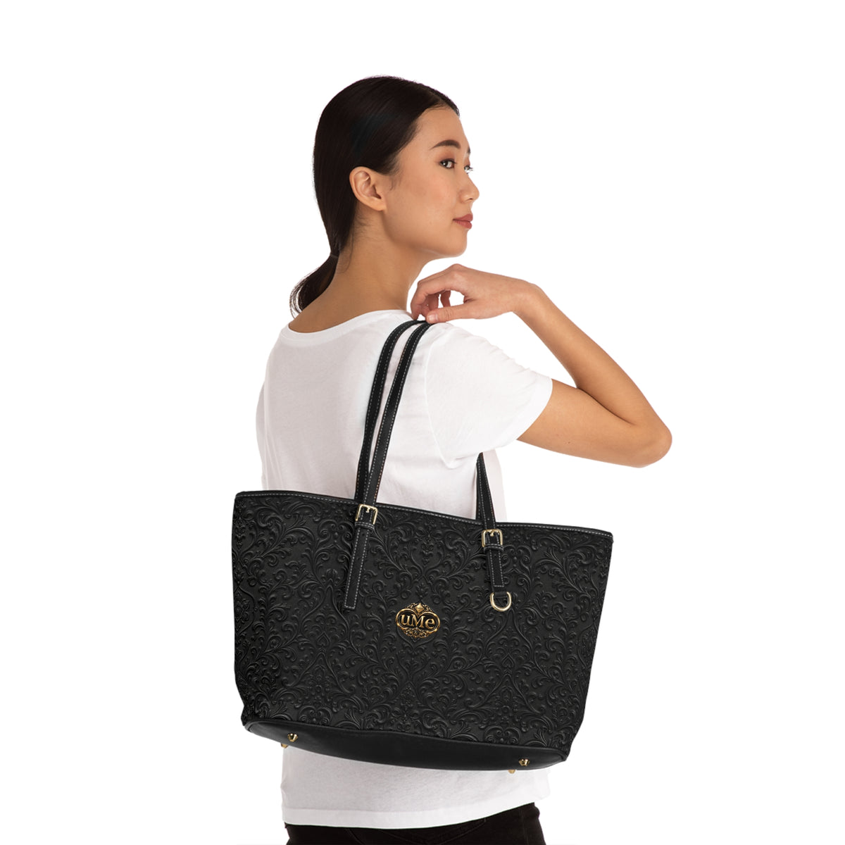 Black UME Gold Crest Shoulder Tote — PU Faux Leather Scroll Print