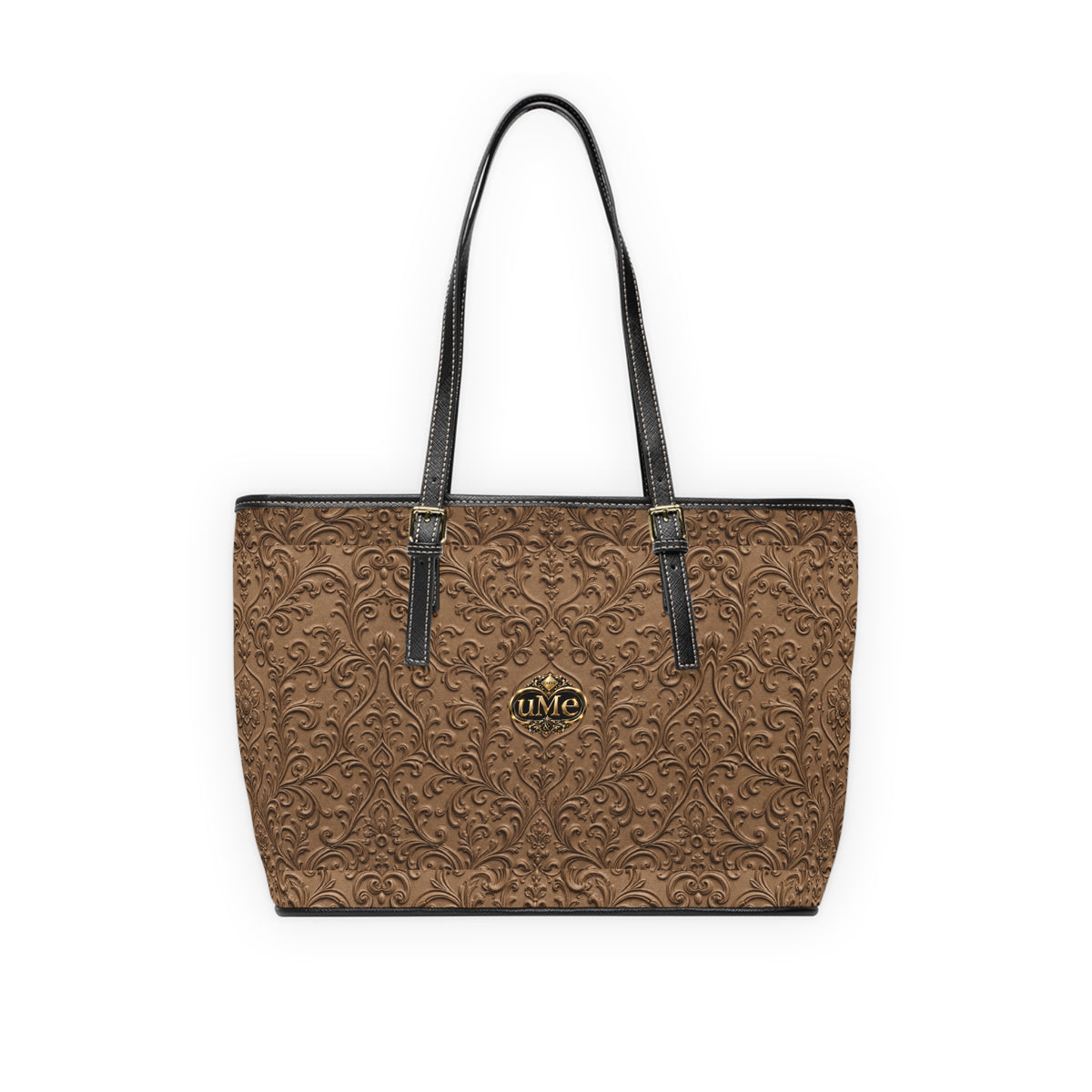 Brown UME Gold Crest Shoulder Tote — PU Faux Leather Scroll Print