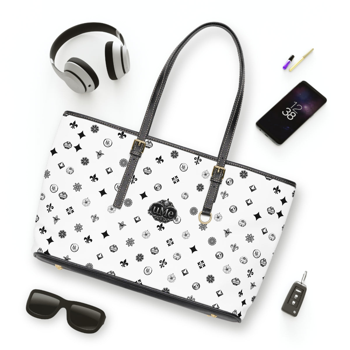 Monogrammed PU Leather Shoulder Bag — White Luxe Pattern Tote