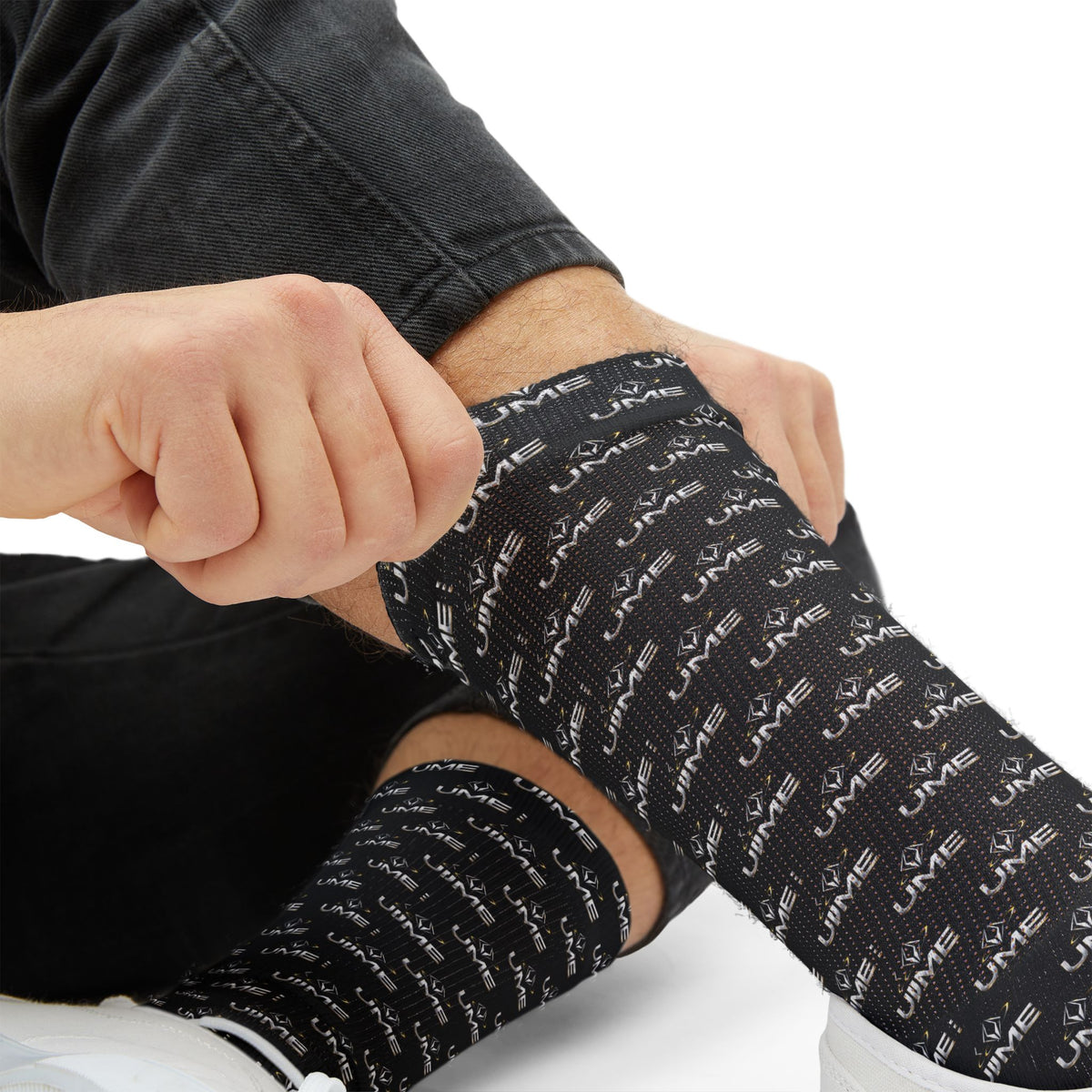 UME Monochrome Crew Socks — Black All-Over Sublimation Print