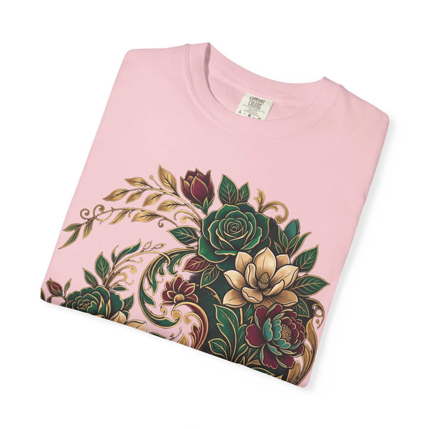 Floral Yin Yang T-Shirt — Vintage Green & Gold Rose Graphic Tee