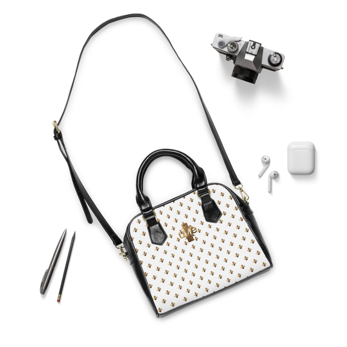 White Shoulder Handbag — Faux Leather Tote with Gold uMe Cross Logo