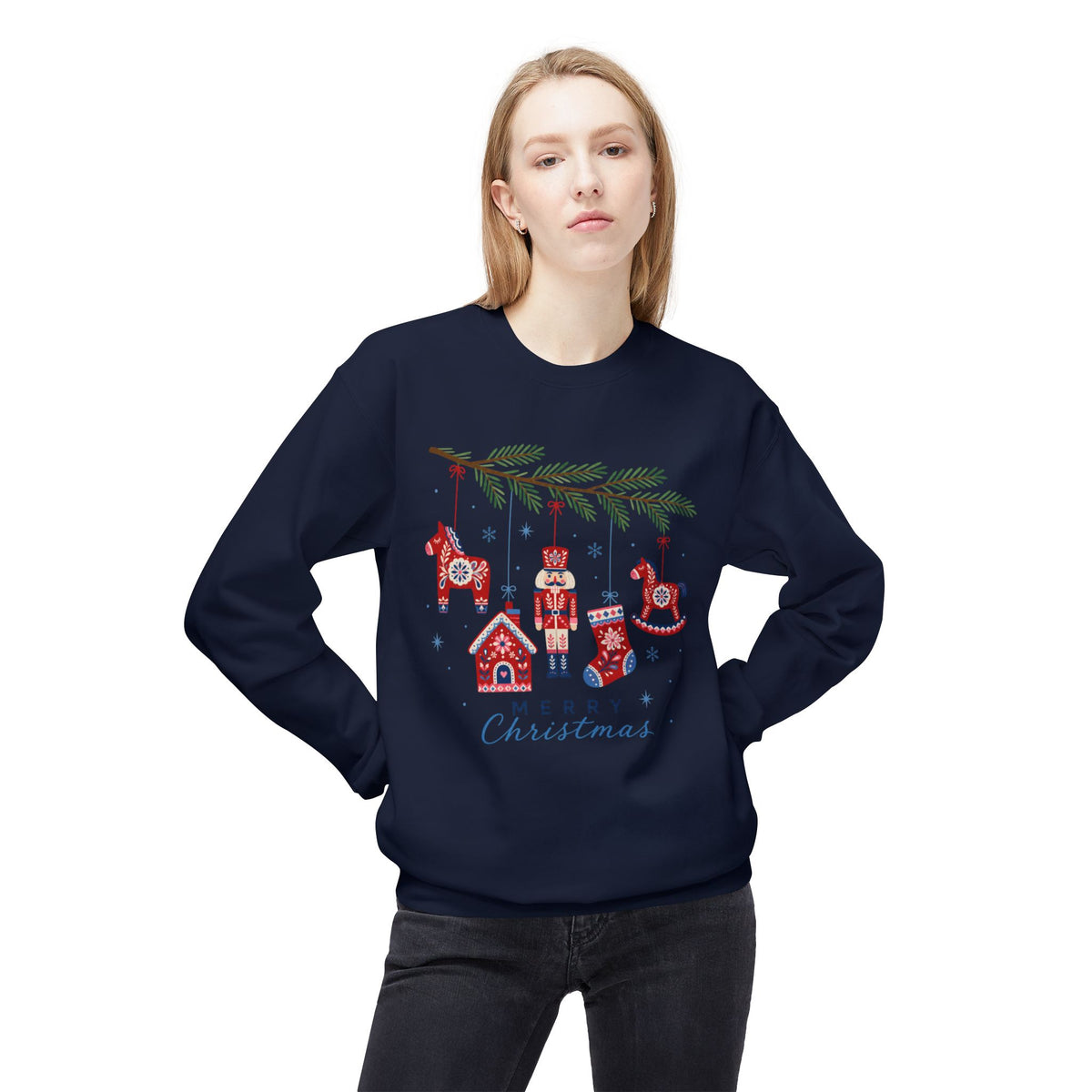 Merry Christmas Scandinavian Folk Art Crewneck Sweatshirt — White, Red & More