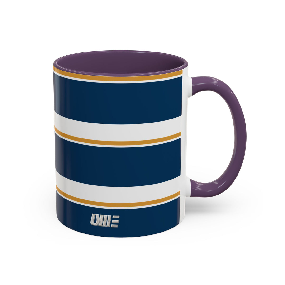 Navy and Gold Striped Accent Mug — White Ceramic
