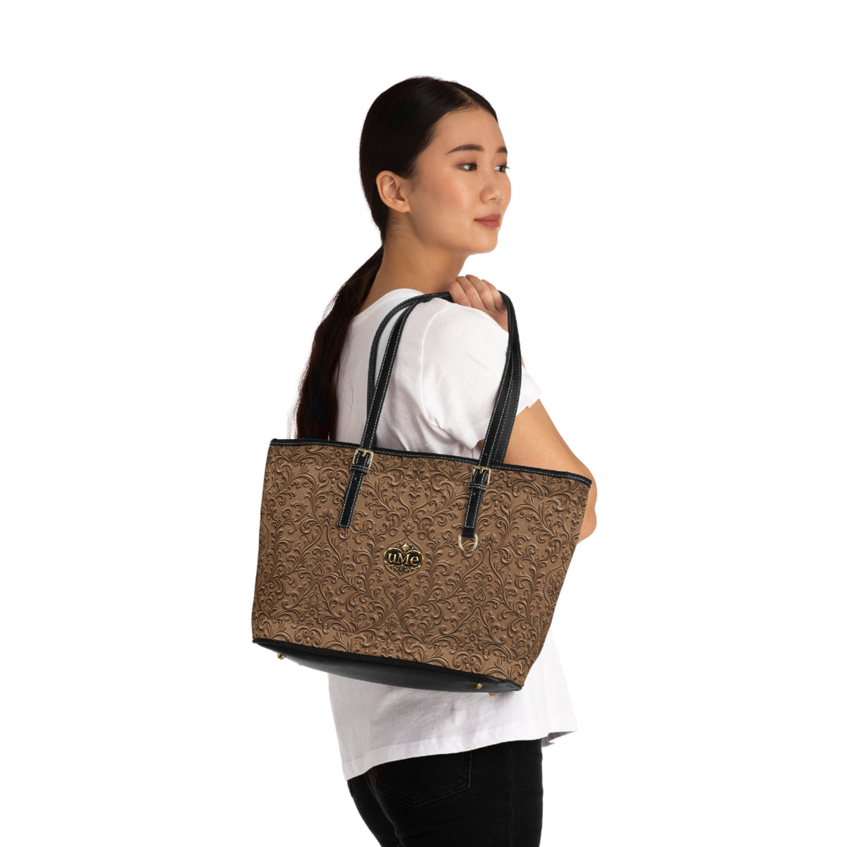 Brown UME Gold Crest Shoulder Tote — PU Faux Leather Scroll Print