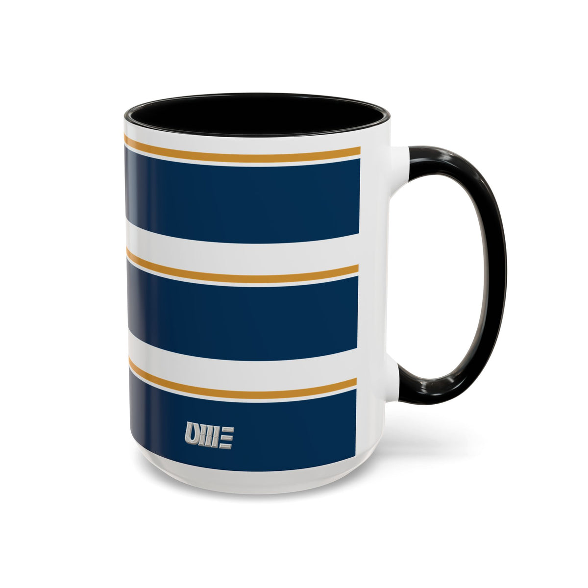 Navy and Gold Striped Accent Mug — White Ceramic
