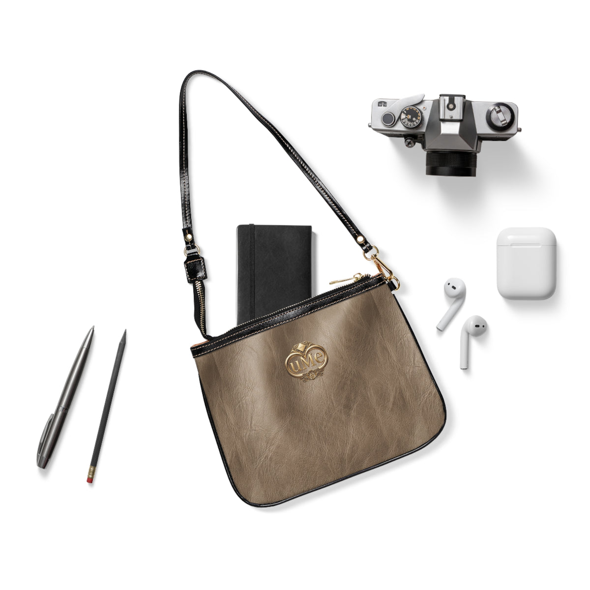 Taupe Small Shoulder Bag – Minimal PU Leather Purse with Gold uMe Logo