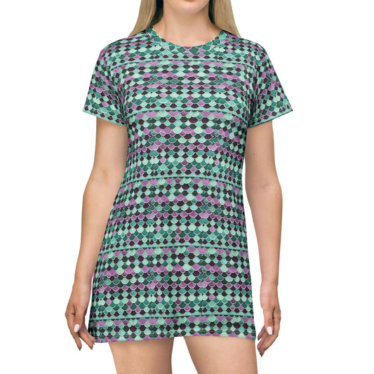 Mermaid Scale Pattern T-Shirt Dress — Mint All-Over Print