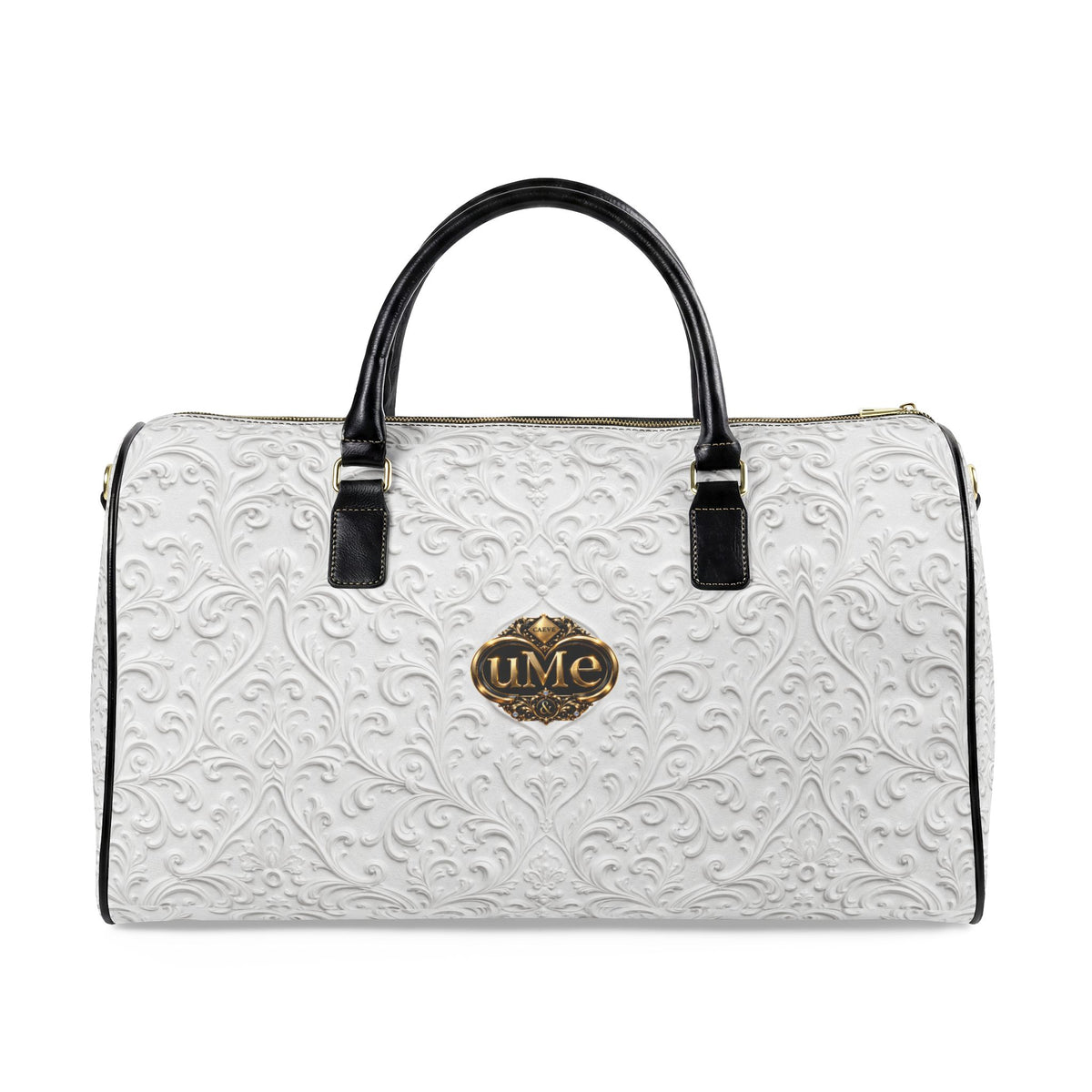 White Faux Leather Travel Bag — 'uMe' Gold Crest Weekender