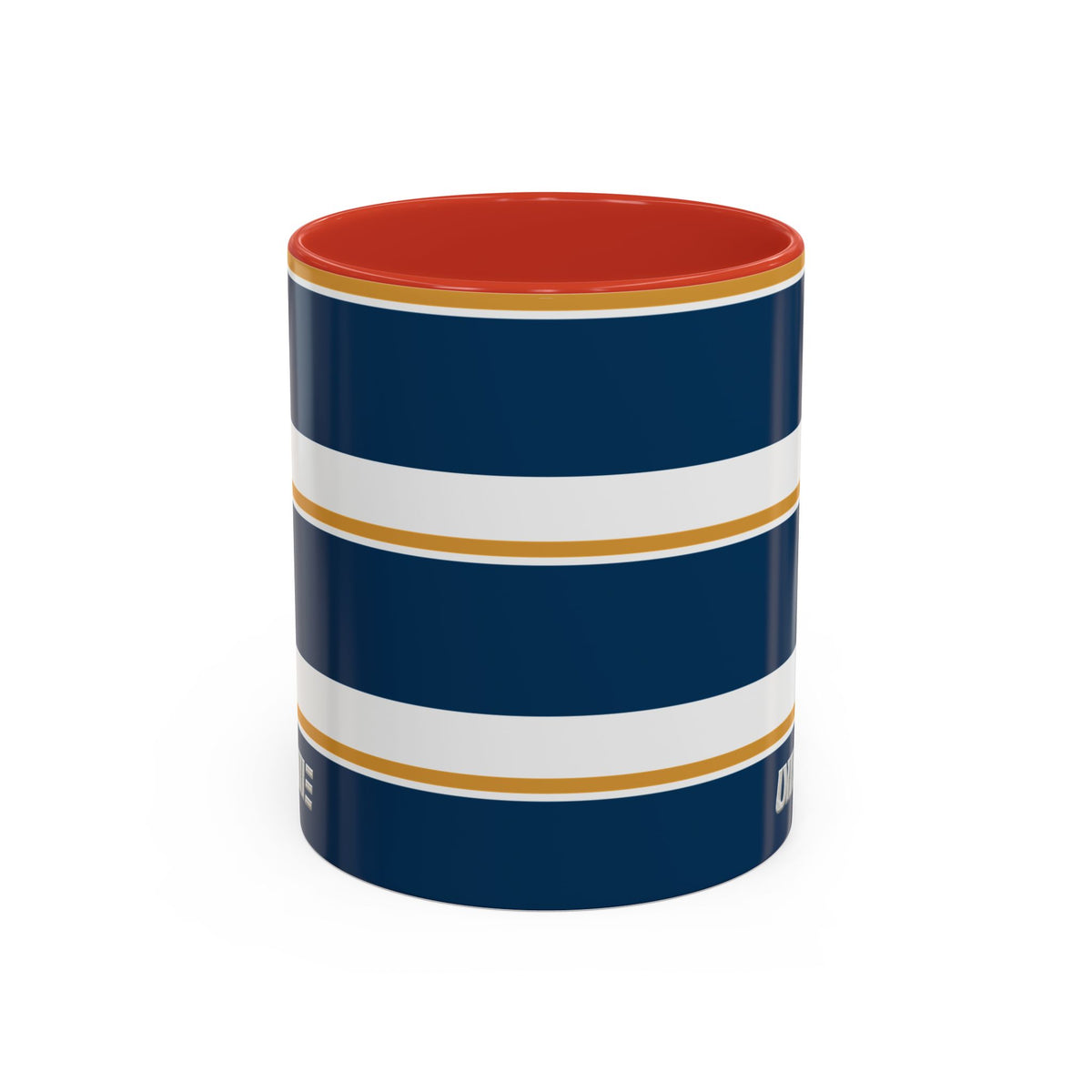 Navy and Gold Striped Accent Mug — White Ceramic
