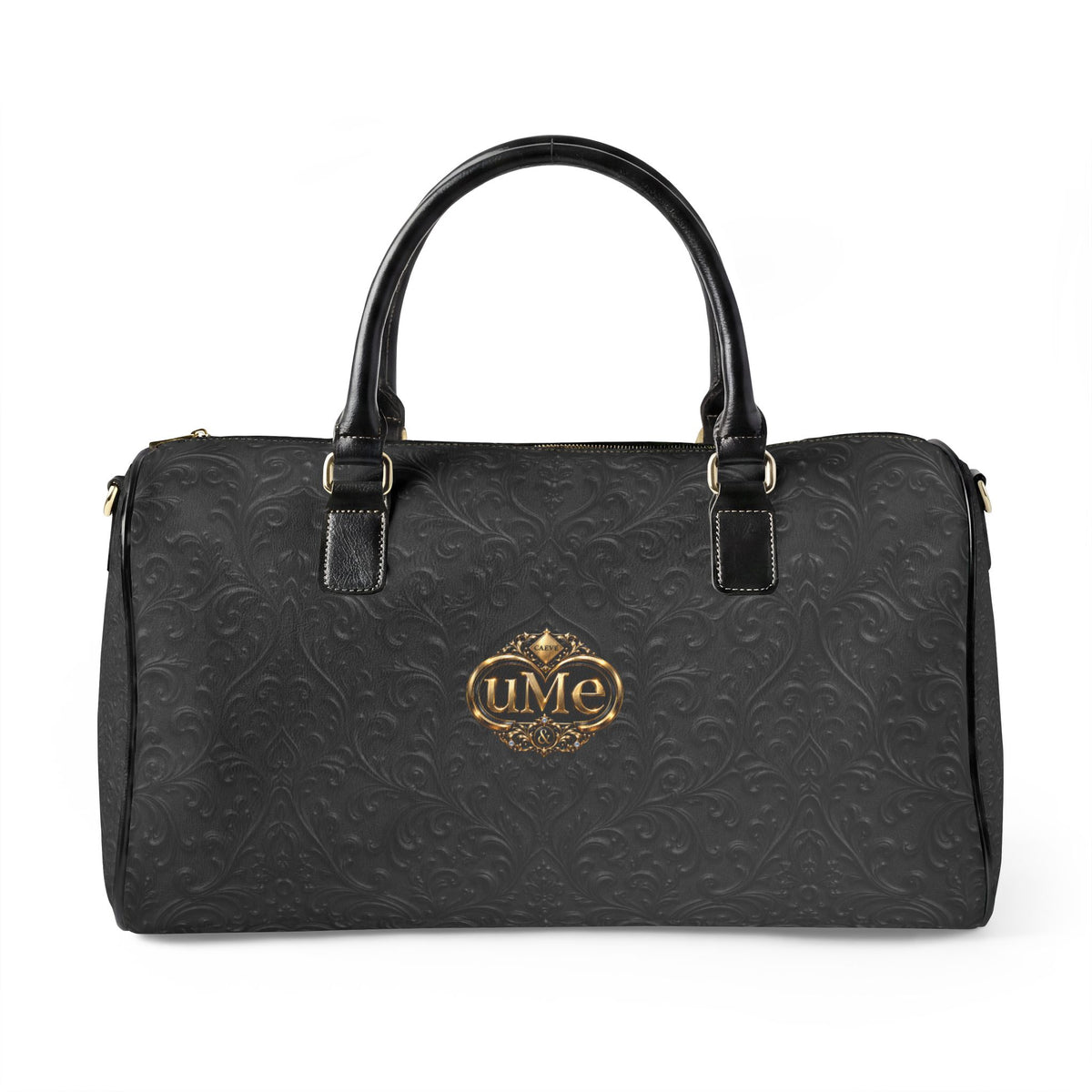 Black Faux Leather Duffle Bag — Gold 'uMe' Crest Weekender