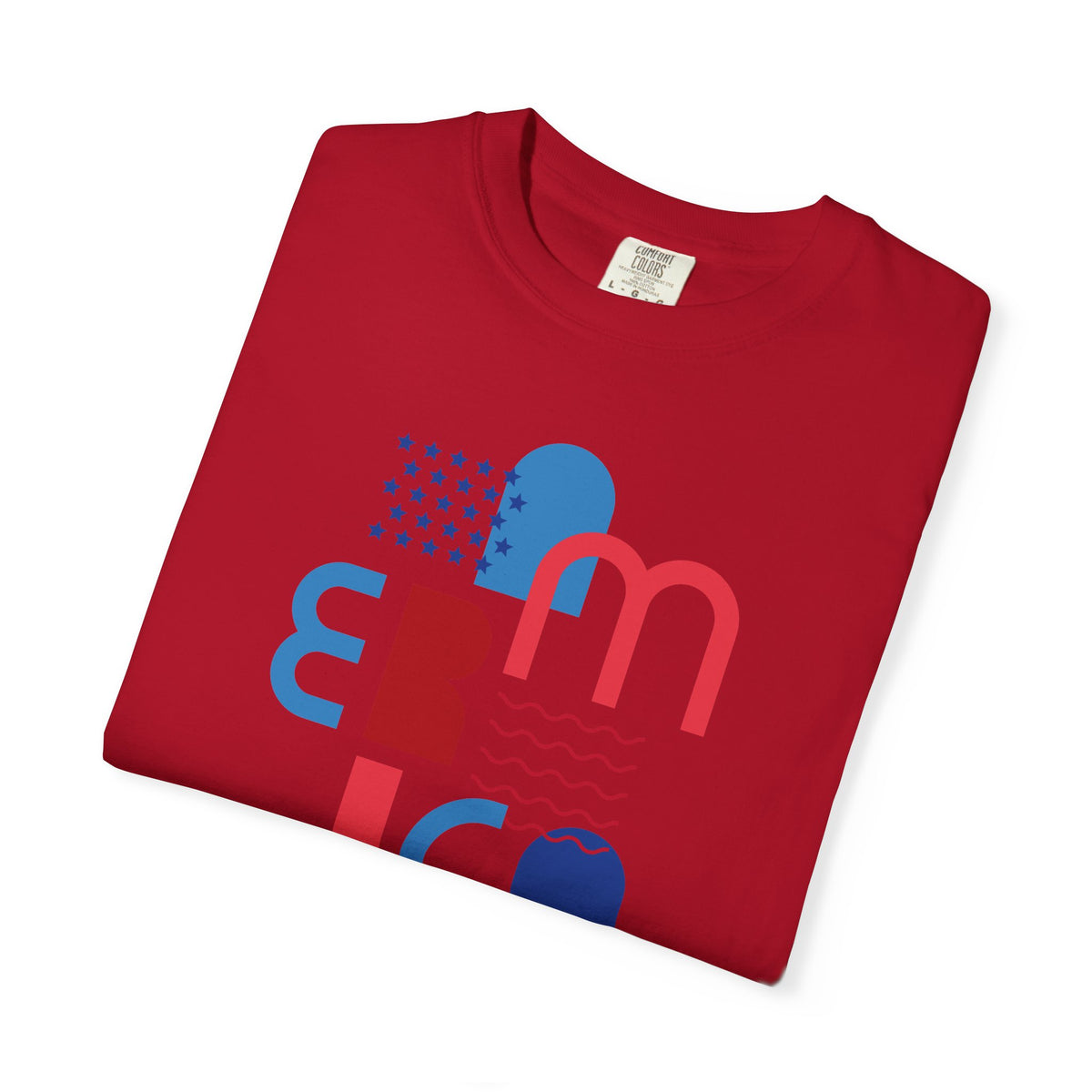T-Shirt — Abstract 'America' Graphic Tee (Red & Blue Geometric Design)