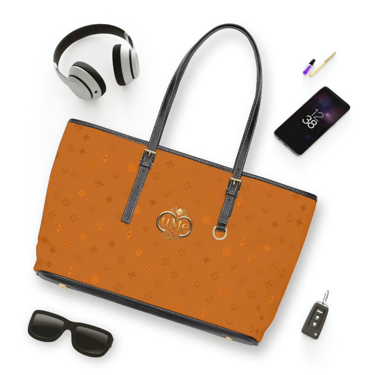 UME PU Leather Shoulder Bag — Cognac Monogram All-Over Print Tote