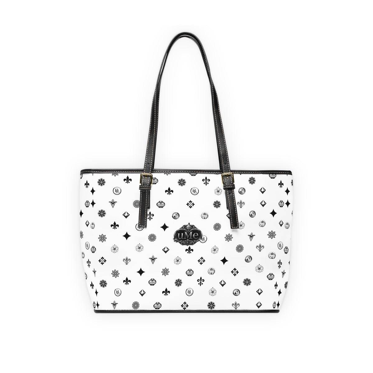 Monogrammed PU Leather Shoulder Bag — White Luxe Pattern Tote