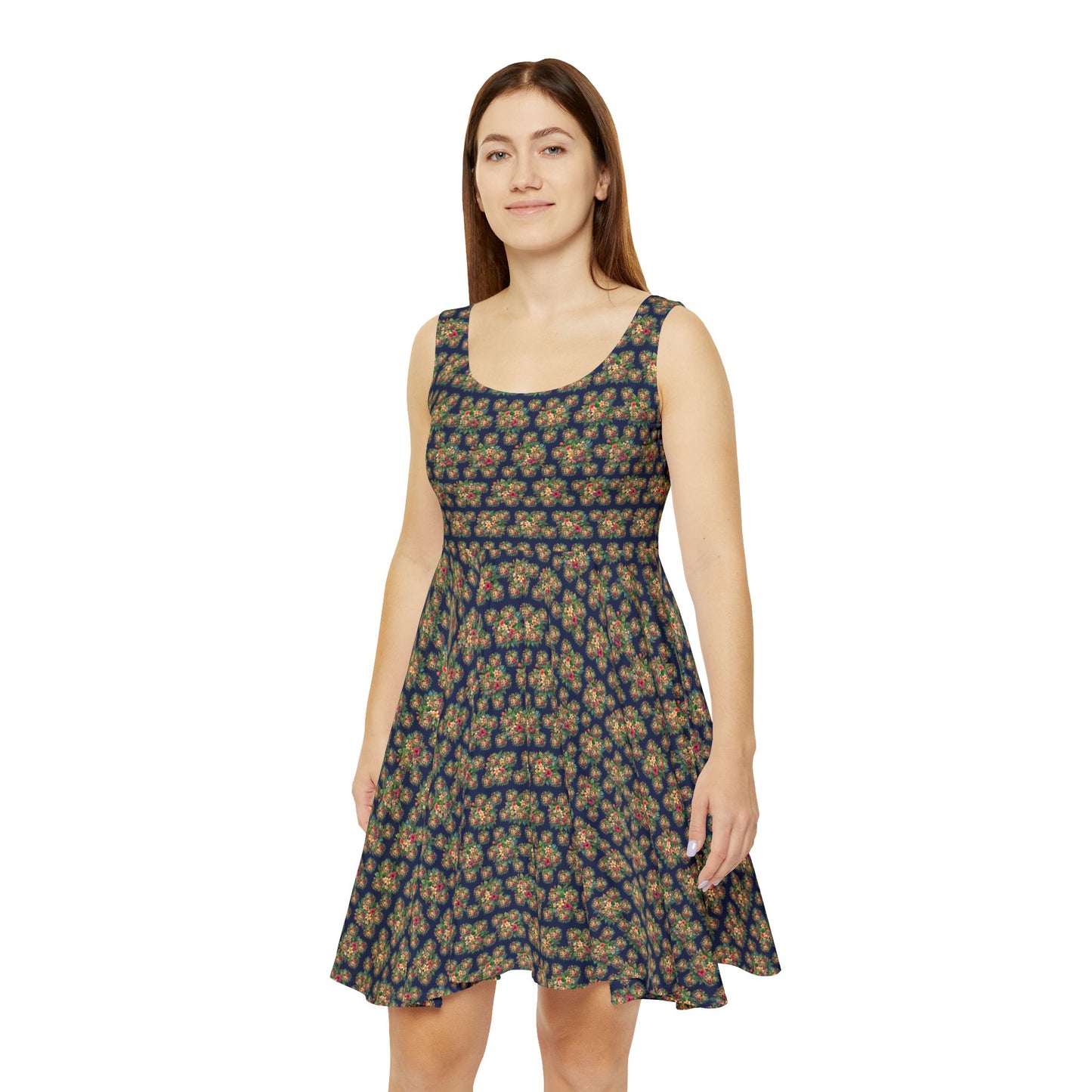 Floral Navy Skater Dress — Vintage Yellow Rose All-Over Print