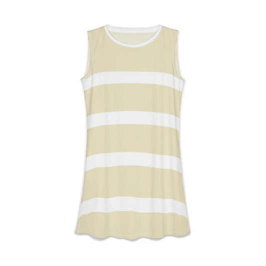 Sand & White Striped Sleeveless Swing Dress — Casual Summer A-Line