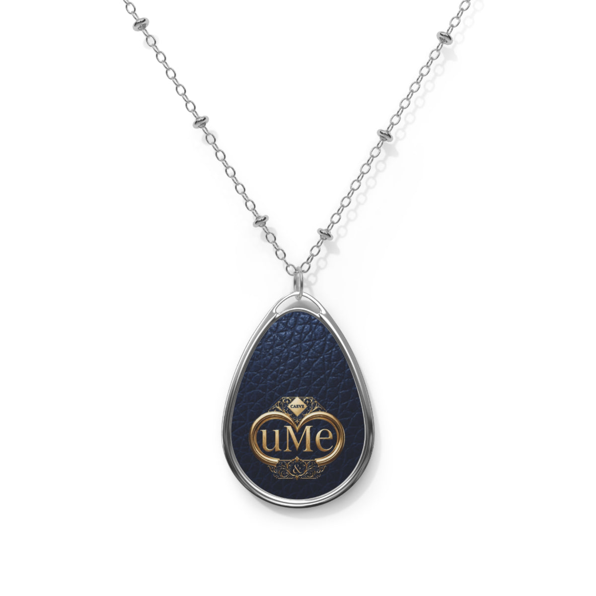 Navy UME Teardrop Pendant Necklace — Silver-Colored Frame & Gold Crest Print