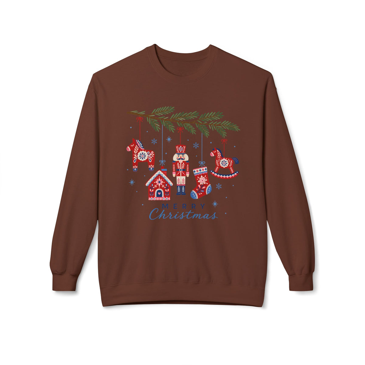 Merry Christmas Scandinavian Folk Art Crewneck Sweatshirt — White, Red & More